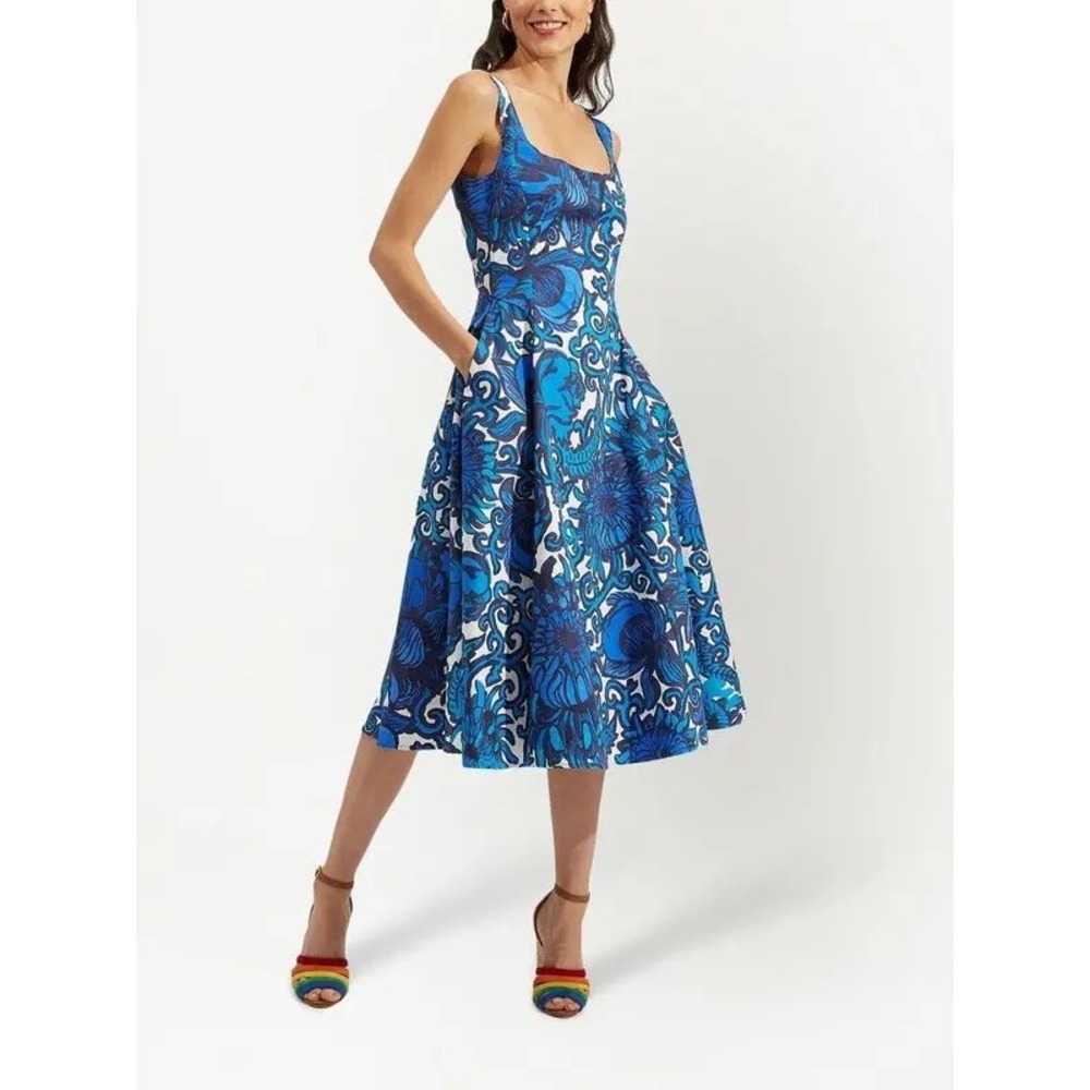 La DoubleJ Sophia Dress Anemone Blue White Floral Print Sleeveless Midi L